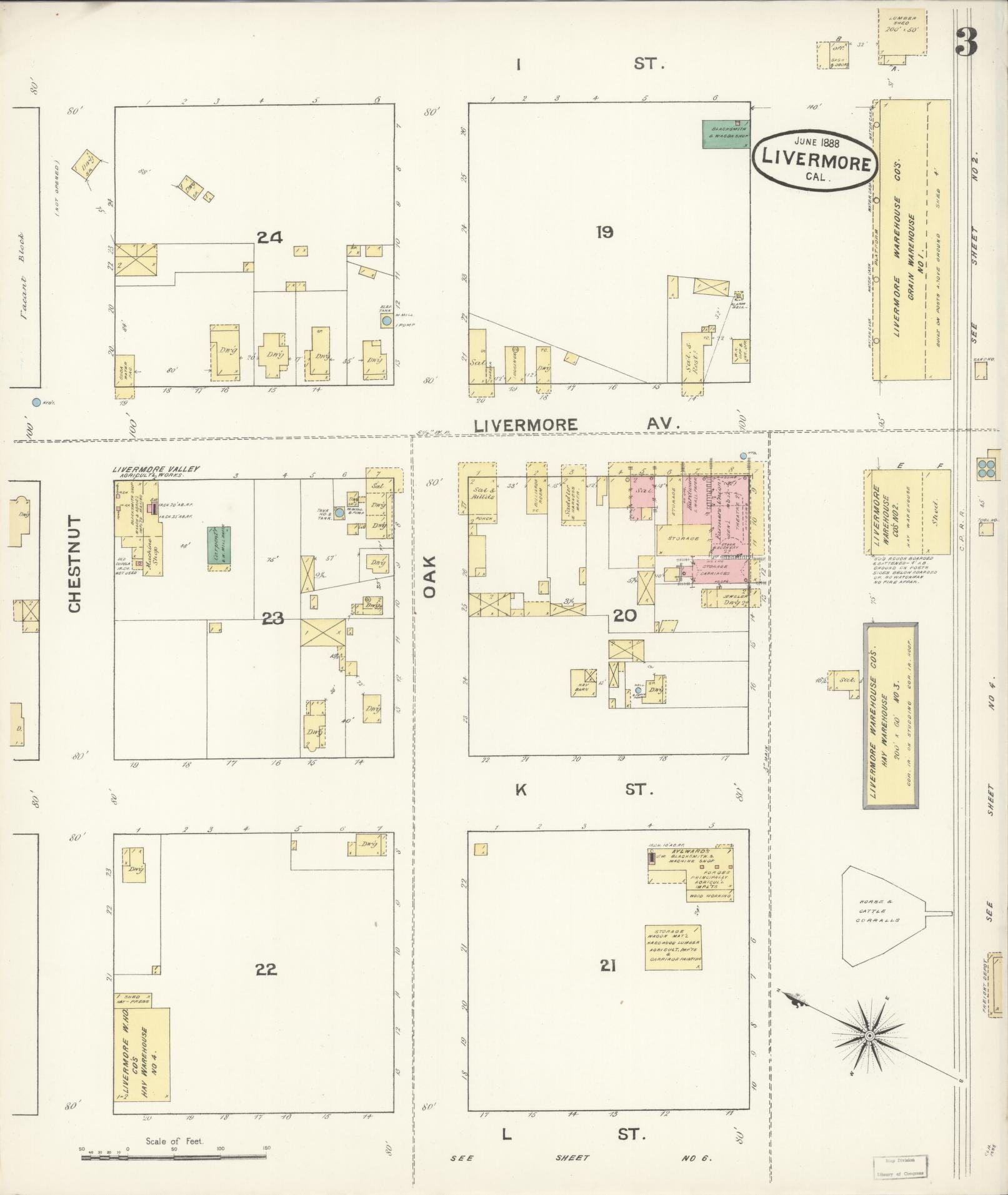 Sanborn Fire Insurance Map from Livermore, Alameda County, California (1888), Sheet #0003 - Historic Sanborn Fire Insurance Map Print, vintage old map wall art, antique decor, genealogy gift, California California map