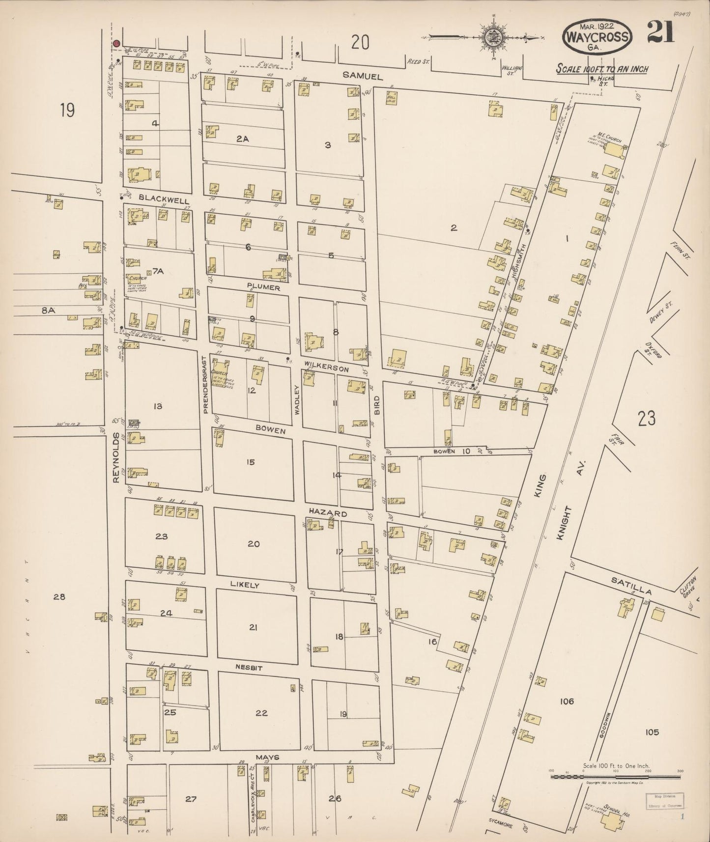Sanborn Fire Insurance Map from Waycross, Ware County, Georgia (1922), Sheet #0021 - Complete Map Set gallery image, historic Sanborn map, vintage wall art, Georgia Georgia