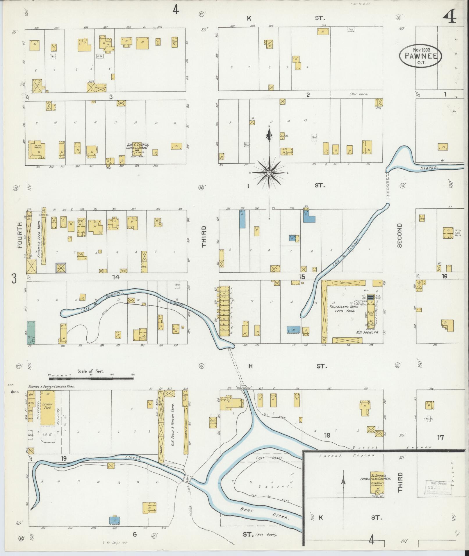 Sanborn Fire Insurance Map from Pawnee, Pawnee County, Oklahoma (1903), Sheet #0004 - Historic Sanborn Fire Insurance Map Print, vintage old map wall art, antique decor, genealogy gift, Oklahoma Oklahoma map