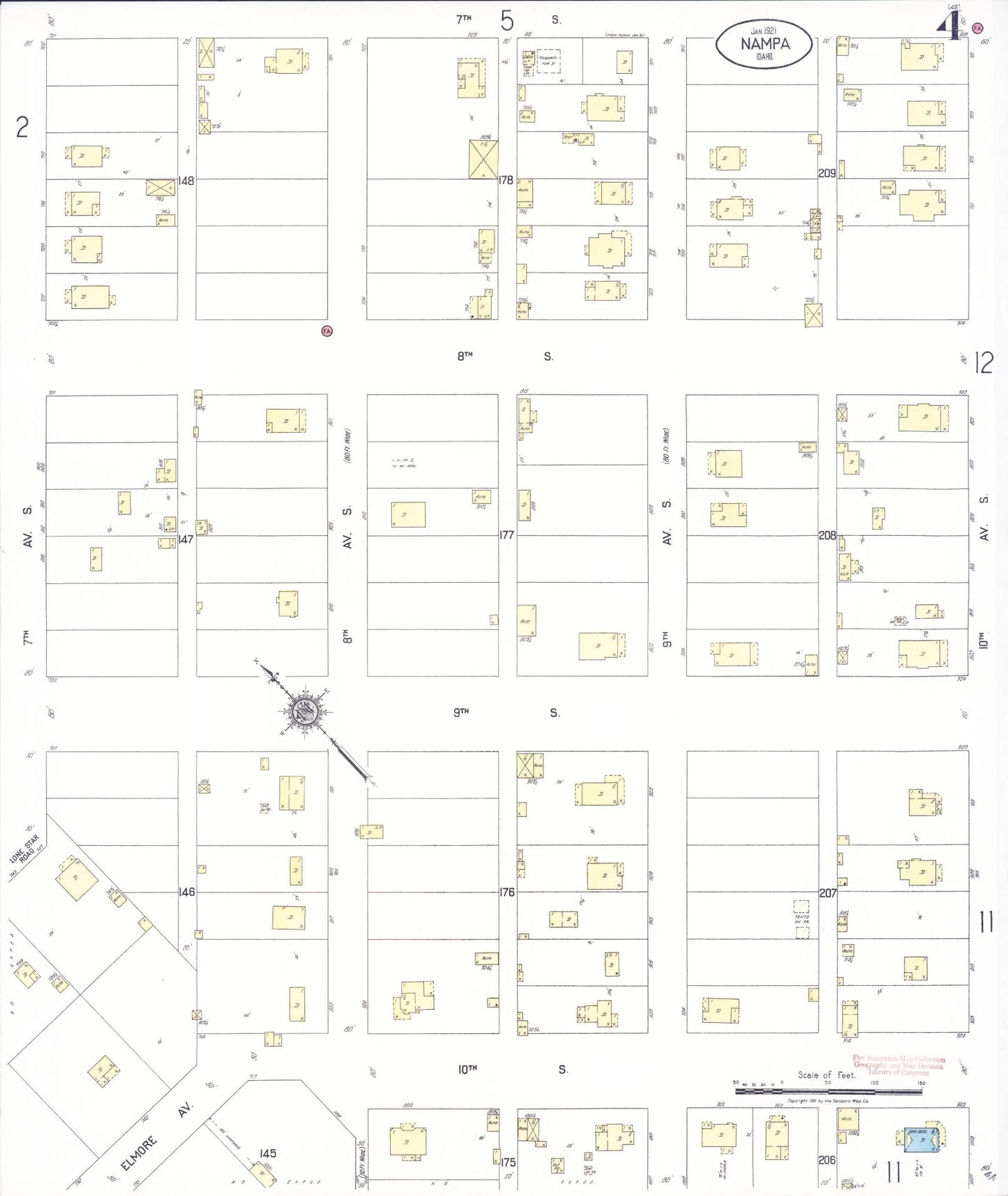 Sanborn Fire Insurance Map from Nampa, Canyon County, Idaho (1921), Sheet #0004 - Historic Sanborn Fire Insurance Map Print, vintage old map wall art, antique decor, genealogy gift, Idaho Idaho map