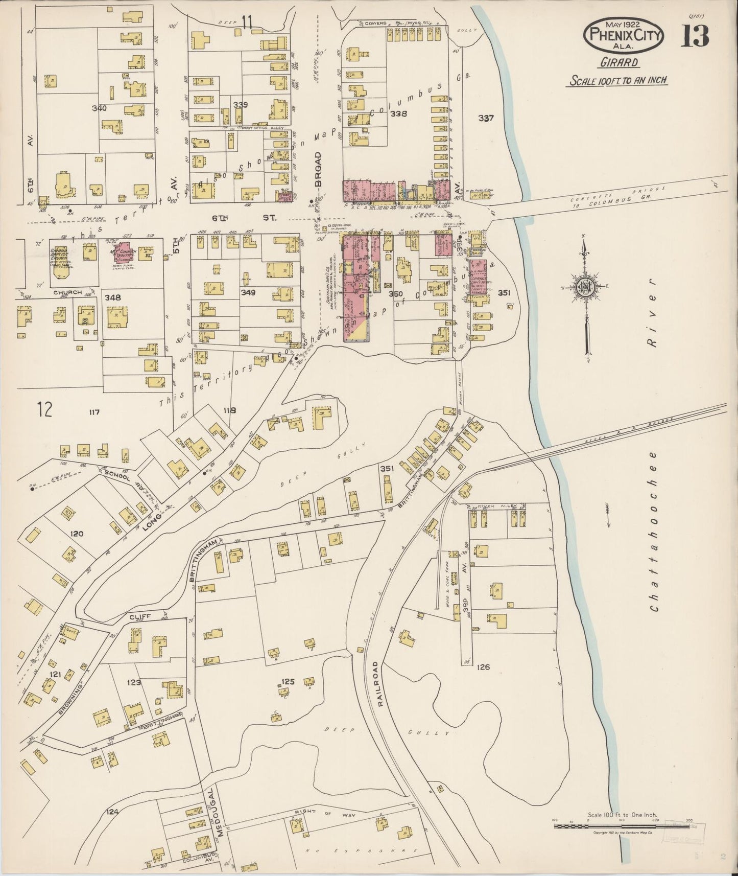 Sanborn Fire Insurance Map from Phenix City, Lee And Russell Counties, Alabama (1922), Sheet #0013 - Complete Map Set gallery image, historic Sanborn map, vintage wall art, Alabama Alabama