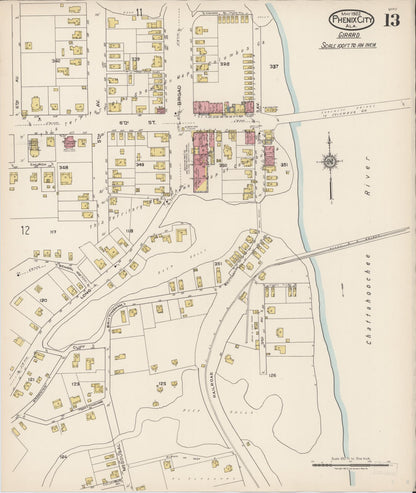 Sanborn Fire Insurance Map from Phenix City, Lee And Russell Counties, Alabama (1922), Sheet #0013 - Complete Map Set gallery image, historic Sanborn map, vintage wall art, Alabama Alabama