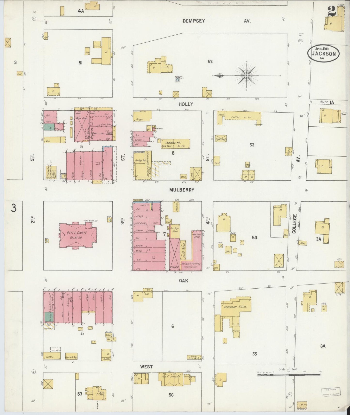 Sanborn Fire Insurance Map from Jackson, Butts County, Georgia (1900), Sheet #0002 - Historic Sanborn Fire Insurance Map Print, vintage old map wall art, antique decor, genealogy gift, Georgia Georgia map