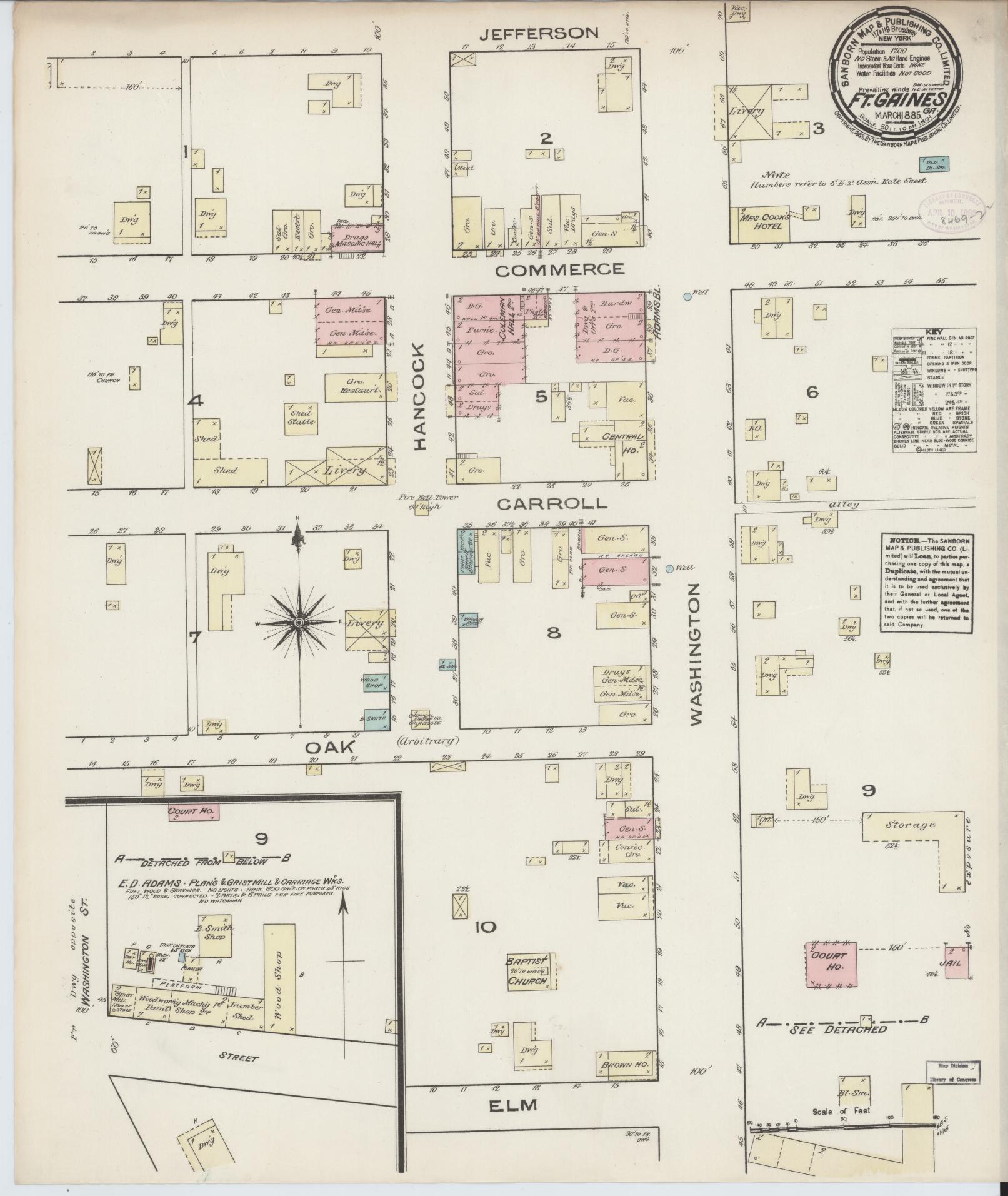 Sanborn Fire Insurance Map from Fort Gaines, Clay County, Georgia (1885), Sheet #0001 - Historic Sanborn Fire Insurance Map Print, vintage old map wall art, antique decor, genealogy gift, Georgia Georgia map