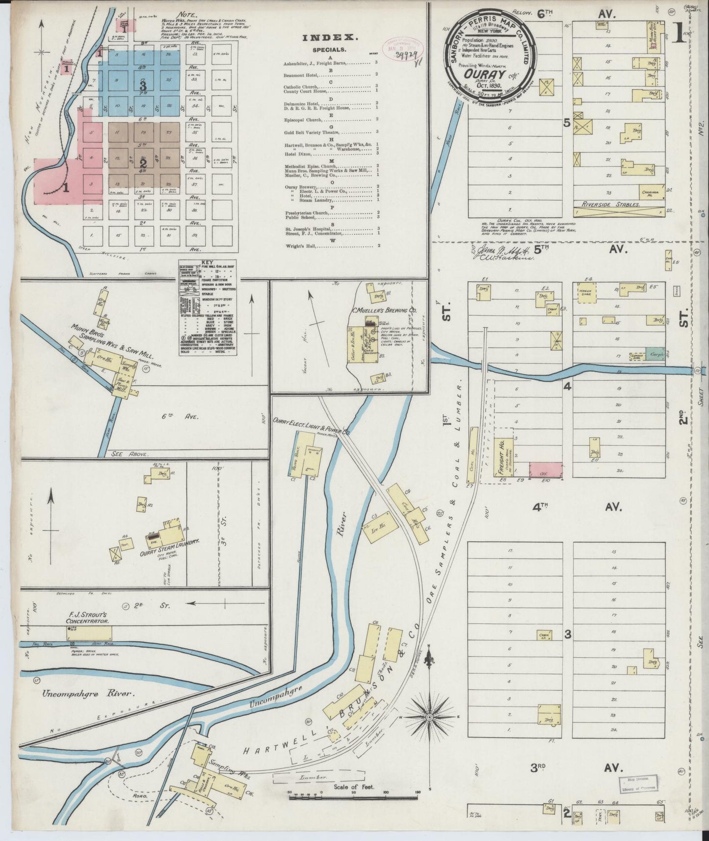 Sanborn Fire Insurance Map from Ouray, Ouray County, Colorado (1890), Sheet #0001 - Complete Map Set gallery image, historic Sanborn map, vintage wall art, Colorado Colorado
