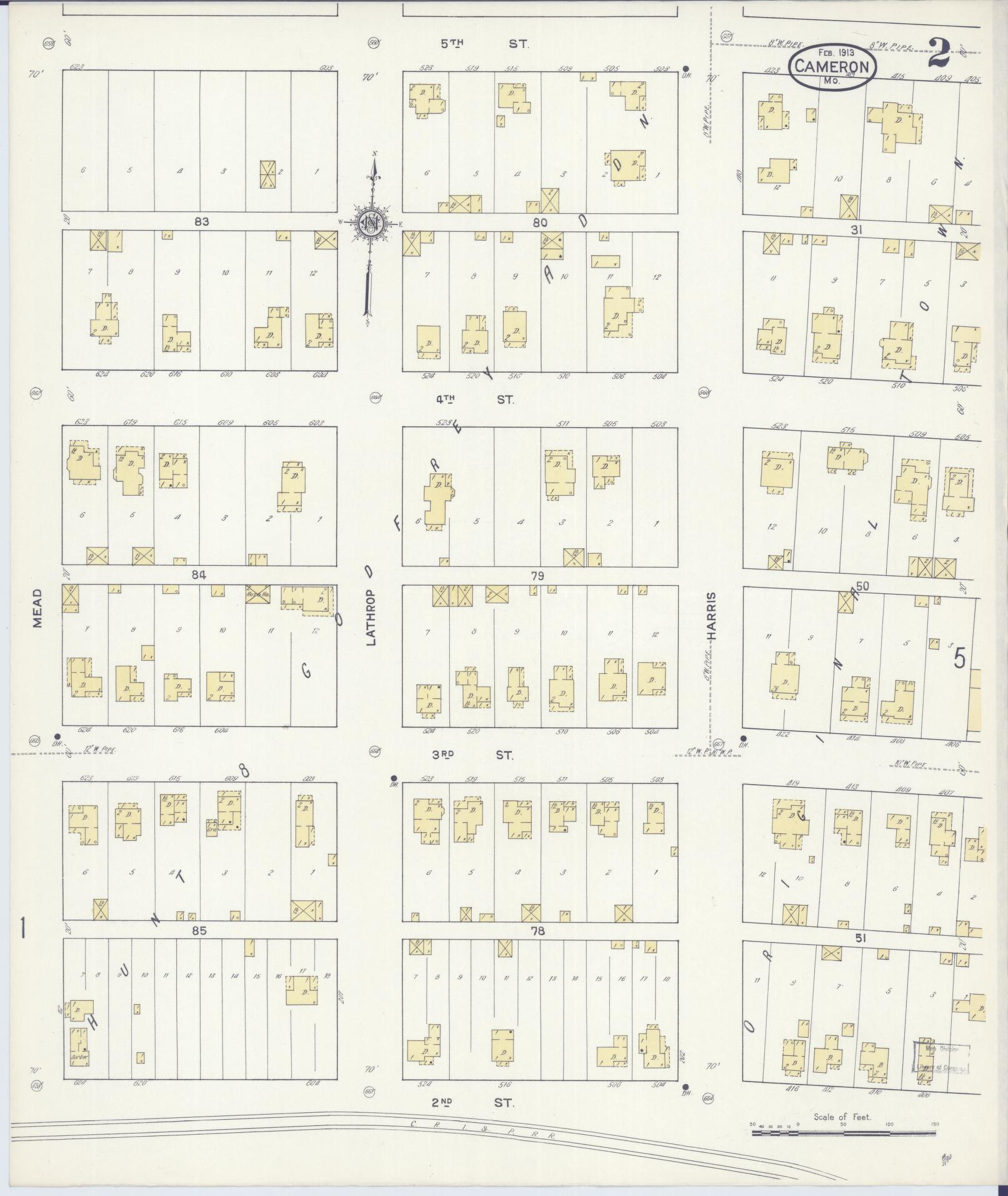 Sanborn Fire Insurance Map from Cameron, Clinton County, Missouri (1913), Sheet #0002 - Historic Sanborn Fire Insurance Map Print, vintage old map wall art, antique decor, genealogy gift, Missouri Missouri map