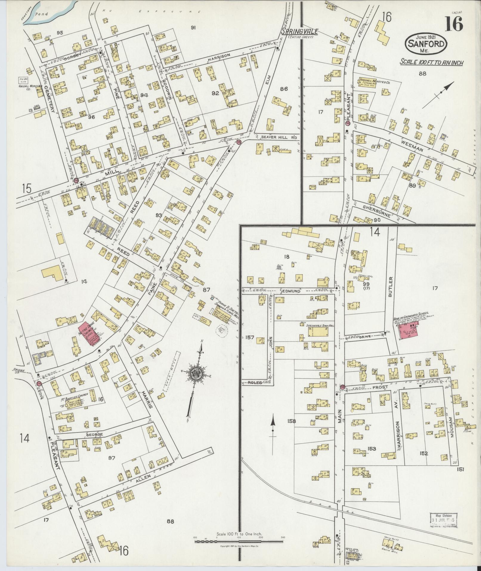 Sanborn Fire Insurance Map from Sanford, York County, Maine (1921), Sheet #0016 - Historic Sanborn Fire Insurance Map Print, vintage old map wall art, antique decor, genealogy gift, Maine Maine map