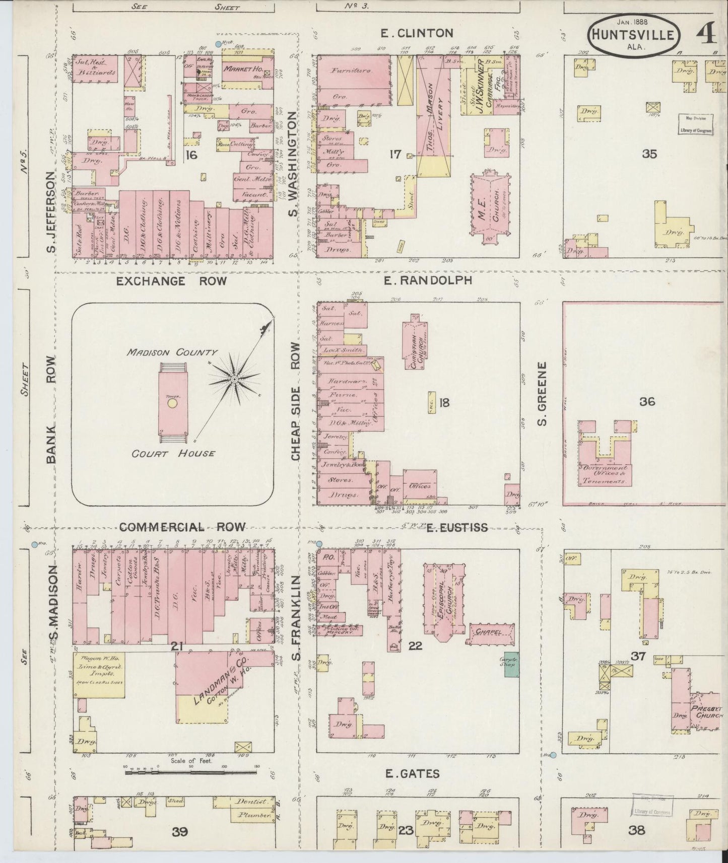 Sanborn Fire Insurance Map from Huntsville, Madison County, Alabama (1888), Sheet #0004 - Historic Sanborn Fire Insurance Map Print, vintage old map wall art, antique decor, genealogy gift, Alabama Alabama map
