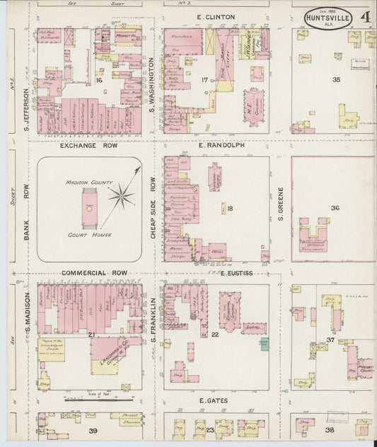 Sanborn Fire Insurance Map from Huntsville, Madison County, Alabama (1888), Sheet #0004 - Historic Sanborn Fire Insurance Map Print, vintage old map wall art, antique decor, genealogy gift, Alabama Alabama map