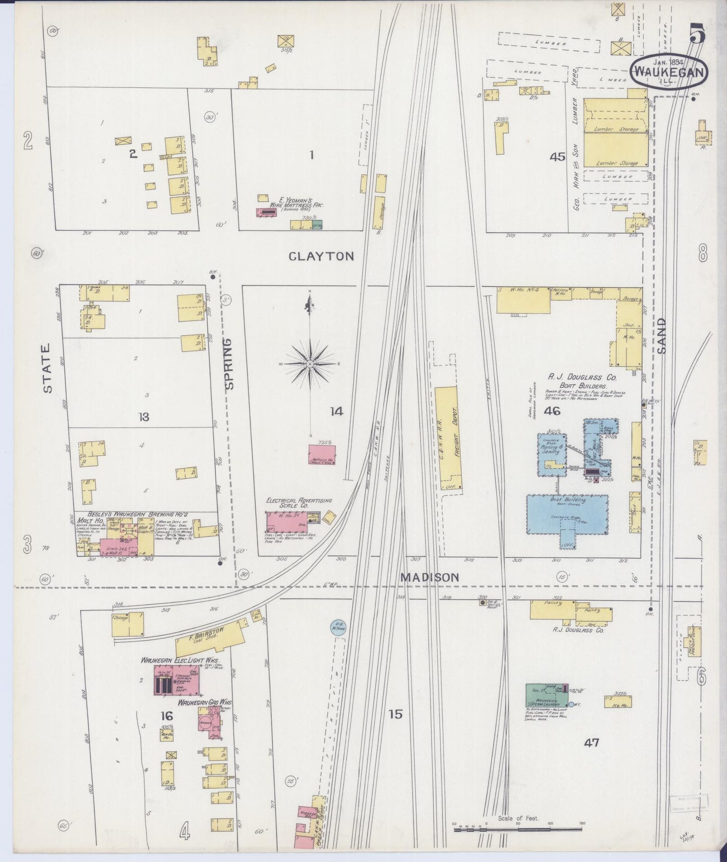 Sanborn Fire Insurance Map from Waukegan, Lake County, Illinois (1894), Sheet #0005 - Complete Map Set gallery image, historic Sanborn map, vintage wall art, Illinois Illinois