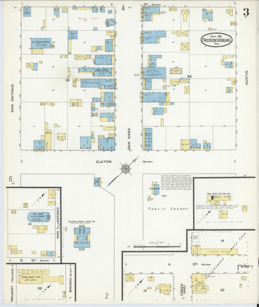 Sanborn Fire Insurance Map from Fredericksburg, Gillespie County, Texas (1915), Sheet #0003 - Historic Sanborn Fire Insurance Map Print, vintage old map wall art, antique decor, genealogy gift, Texas Texas map