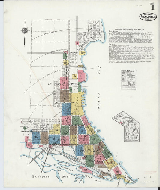 Sanborn Fire Insurance Map from Menominee, Menominee County, Michigan (1921), Sheet #0001 - Historic Sanborn Fire Insurance Map Print, vintage old map wall art, antique decor, genealogy gift, Michigan Michigan map
