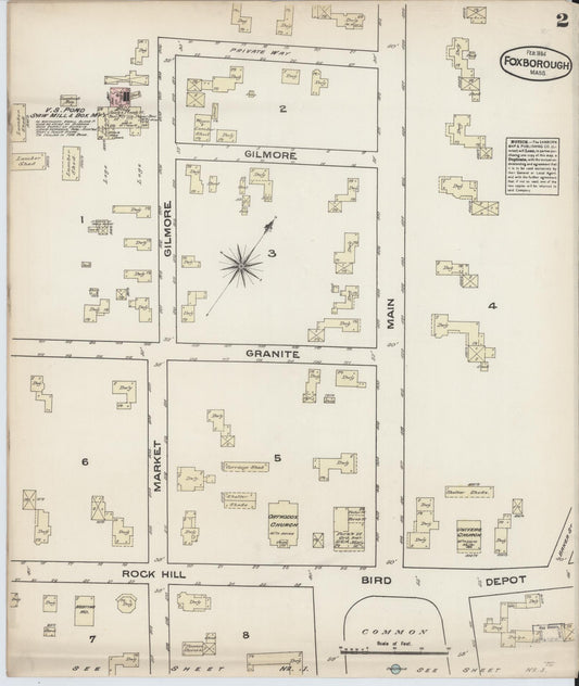 Sanborn Fire Insurance Map from Foxboro, Norfolk County, Massachusetts (1884), Sheet #0002 - Historic Sanborn Fire Insurance Map Print, vintage old map wall art, antique decor, genealogy gift, Massachusetts Massachusetts map