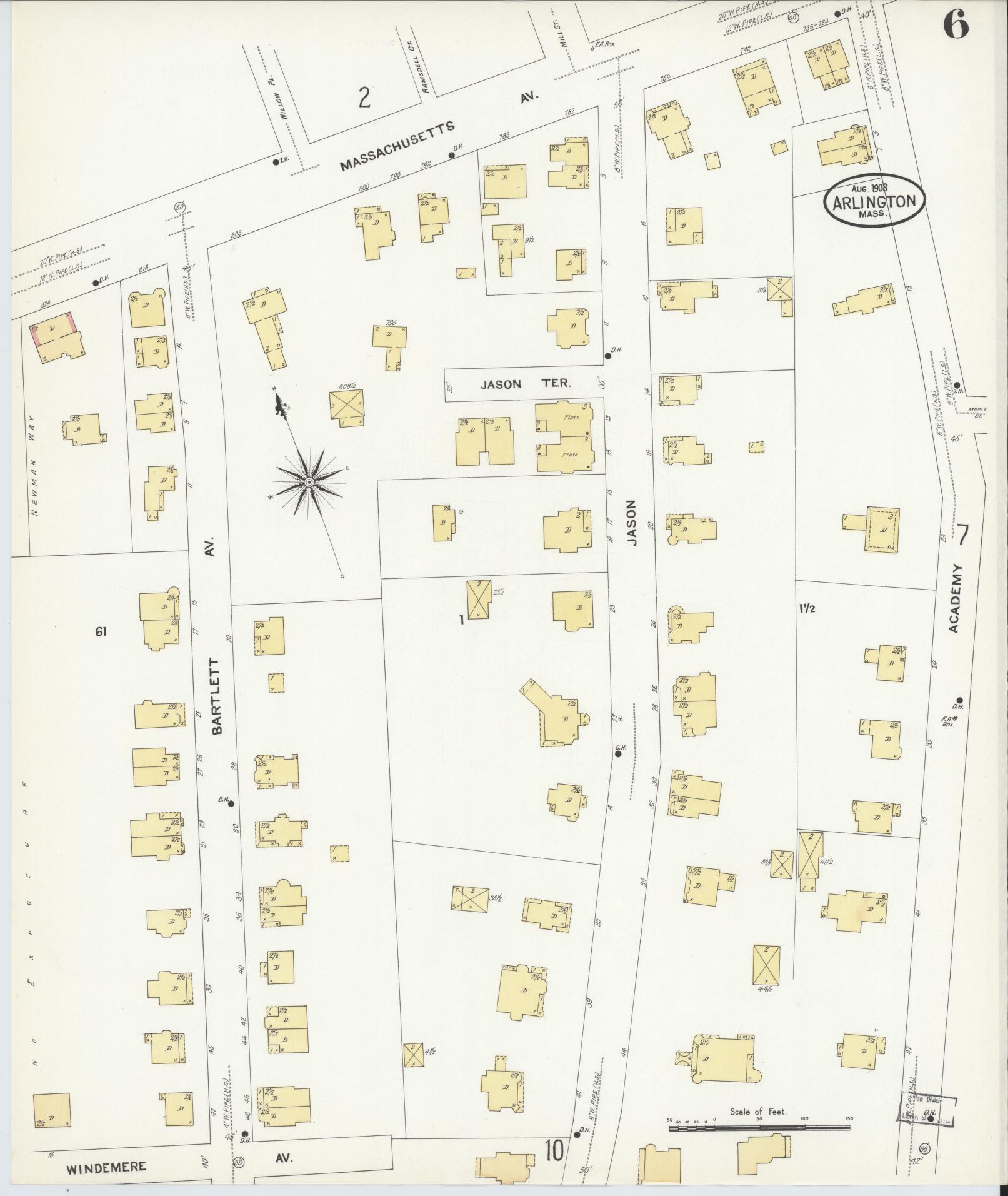 Sanborn Fire Insurance Map from Arlington, Middlesex County, Massachusetts (1908), Sheet #0006 - Historic Sanborn Fire Insurance Map Print, vintage old map wall art, antique decor, genealogy gift, Massachusetts Massachusetts map