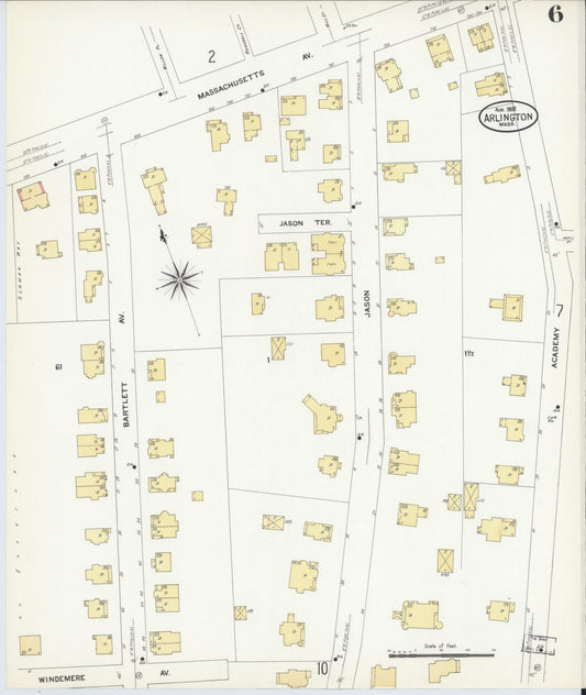 Sanborn Fire Insurance Map from Arlington, Middlesex County, Massachusetts (1908), Sheet #0006 - Historic Sanborn Fire Insurance Map Print, vintage old map wall art, antique decor, genealogy gift, Massachusetts Massachusetts map