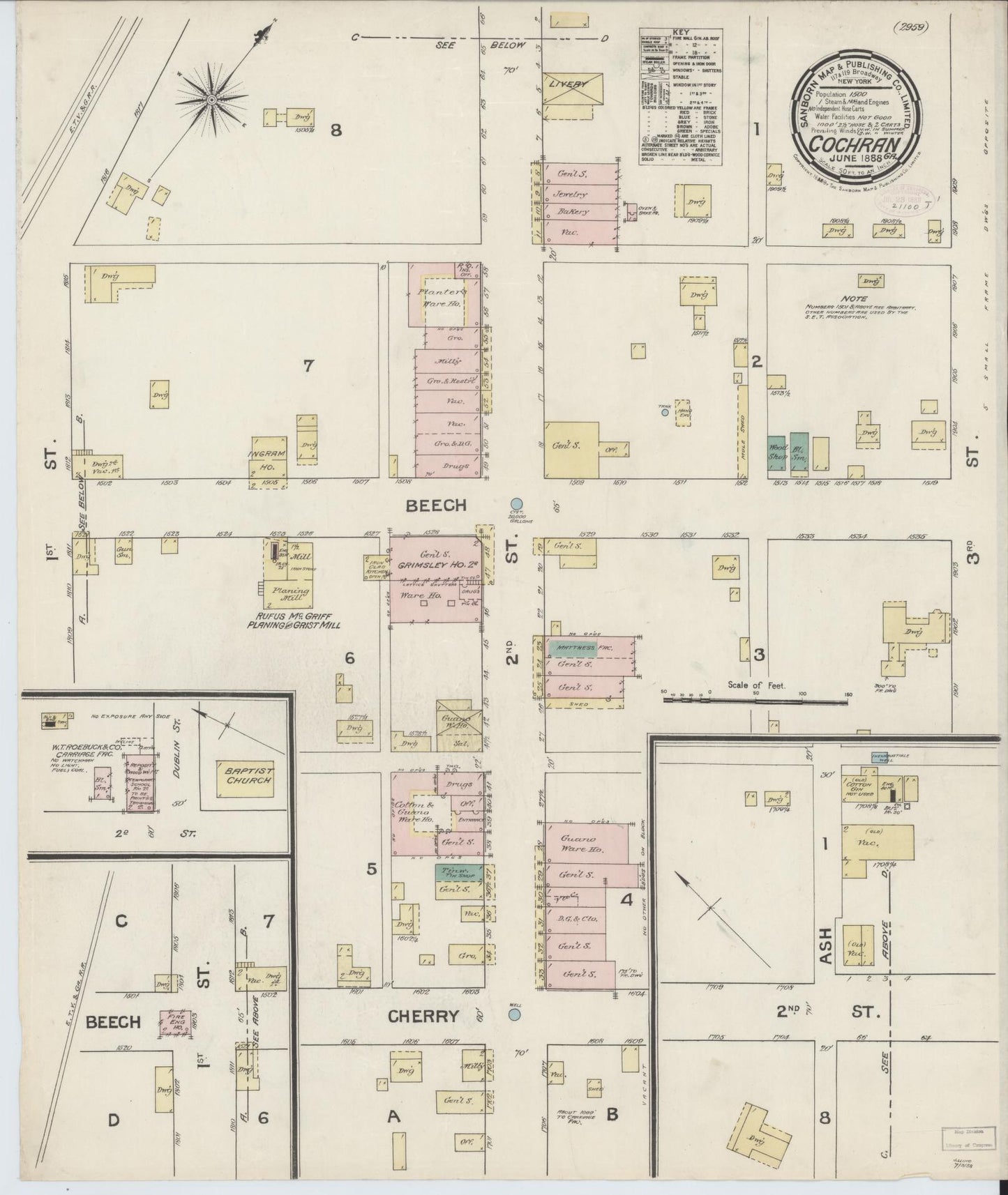 Sanborn Fire Insurance Map from Cochran, Bleckley County, Georgia (1888), Sheet #0001 - Historic Sanborn Fire Insurance Map Print, vintage old map wall art, antique decor, genealogy gift, Georgia Georgia map