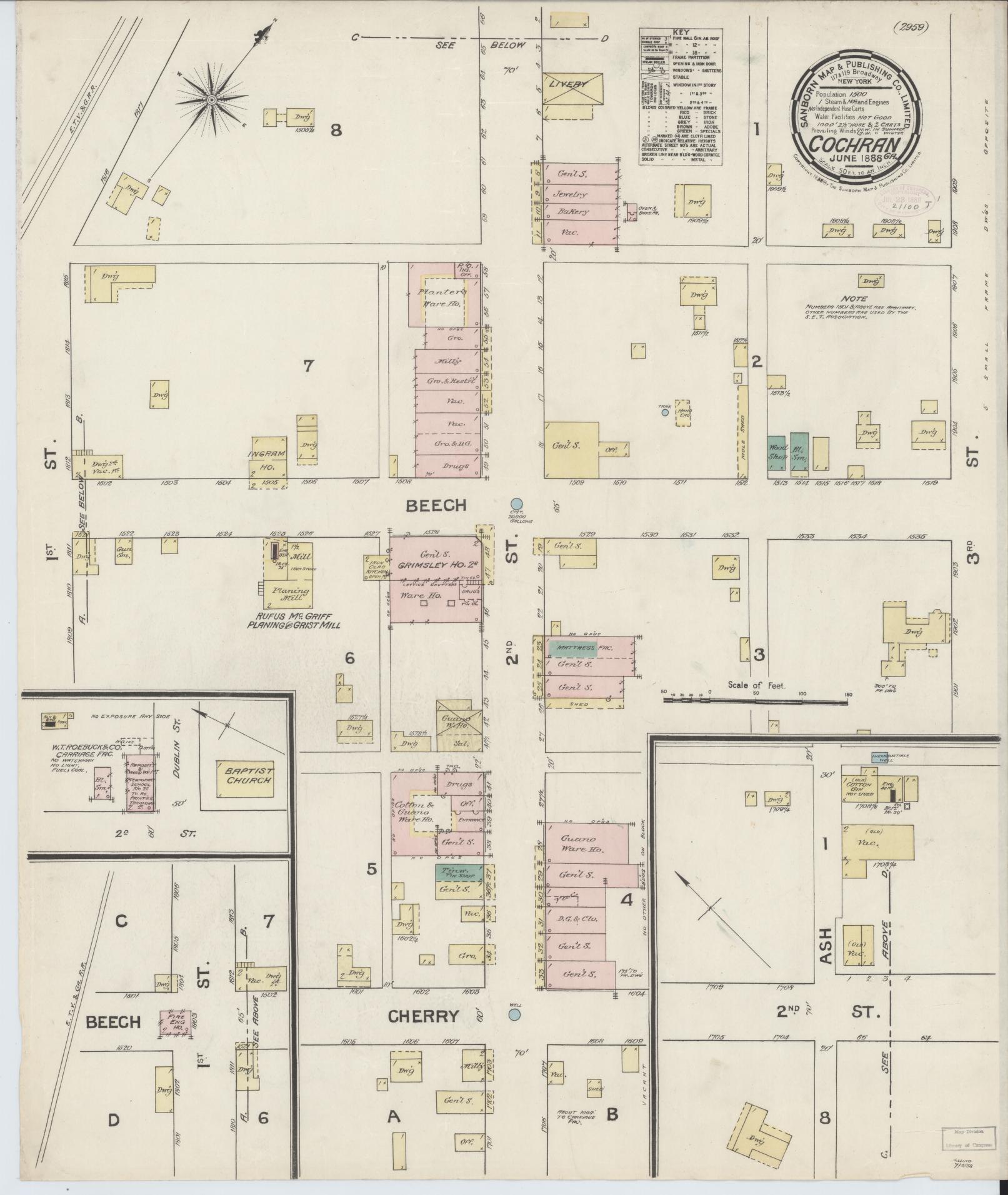 Sanborn Fire Insurance Map from Cochran, Bleckley County, Georgia (1888), Sheet #0001 - Historic Sanborn Fire Insurance Map Print, vintage old map wall art, antique decor, genealogy gift, Georgia Georgia map