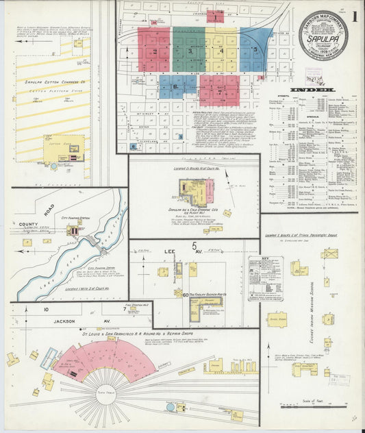 Sanborn Fire Insurance Map from Sapulpa, Creek County, Oklahoma (1909), Sheet #0001 - Complete Map Set gallery image, historic Sanborn map, vintage wall art, Oklahoma Oklahoma