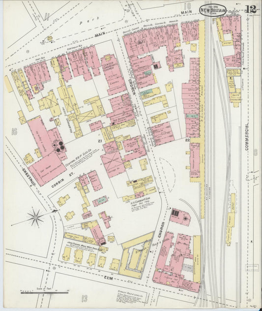 Sanborn Fire Insurance Map from New Britain, Hartford County, Connecticut (1895), Sheet #0012 - Historic Sanborn Fire Insurance Map Print, vintage old map wall art, antique decor, genealogy gift, Connecticut Connecticut map