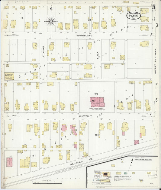 Sanborn Fire Insurance Map from Paris, Edgar County, Illinois (1908), Sheet #0005 - Historic Sanborn Fire Insurance Map Print, vintage old map wall art, antique decor, genealogy gift, Illinois Illinois map