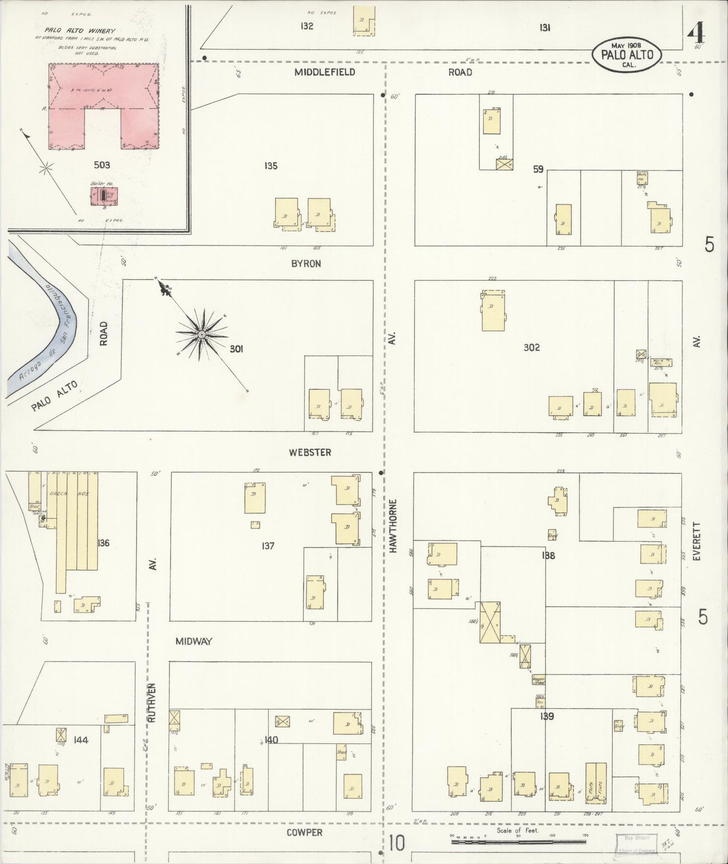 Sanborn Fire Insurance Map from Palo Alto, Santa Clara County, California (1908), Sheet #0004 - Complete Map Set gallery image, historic Sanborn map, vintage wall art, California California