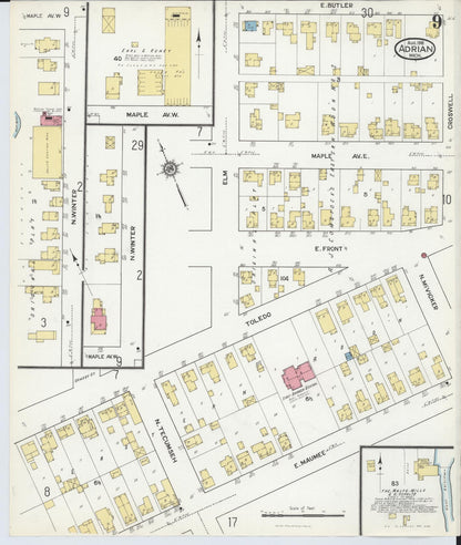 Sanborn Fire Insurance Map from Adrian, Lenawee County, Michigan (1916), Sheet #0009 - Complete Map Set gallery image, historic Sanborn map, vintage wall art, Michigan Michigan