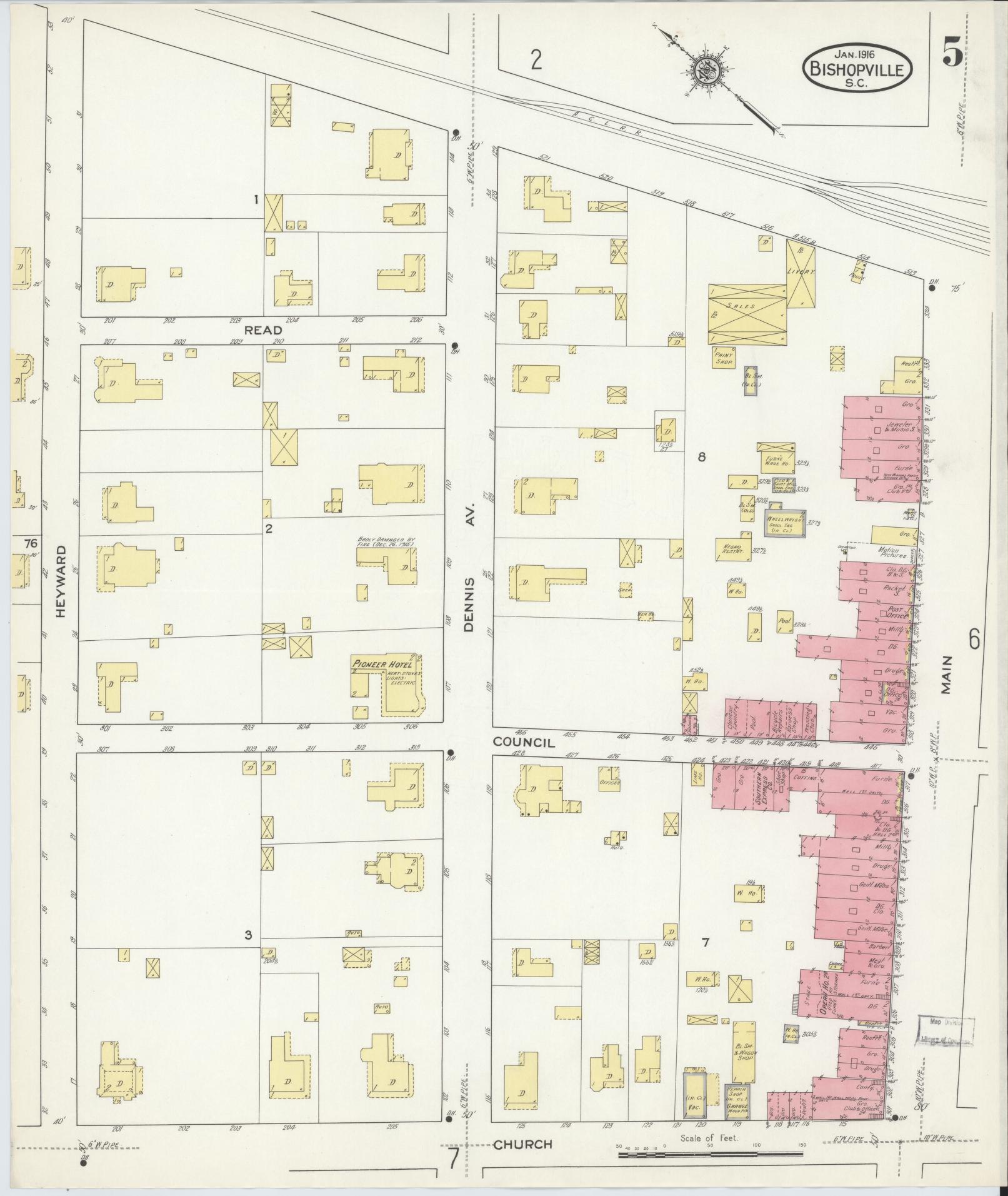 Sanborn Fire Insurance Map from Bishopville, Lee County, South Carolina (1916), Sheet #0005 - Historic Sanborn Fire Insurance Map Print, vintage old map wall art, antique decor, genealogy gift, South Carolina South Carolina map
