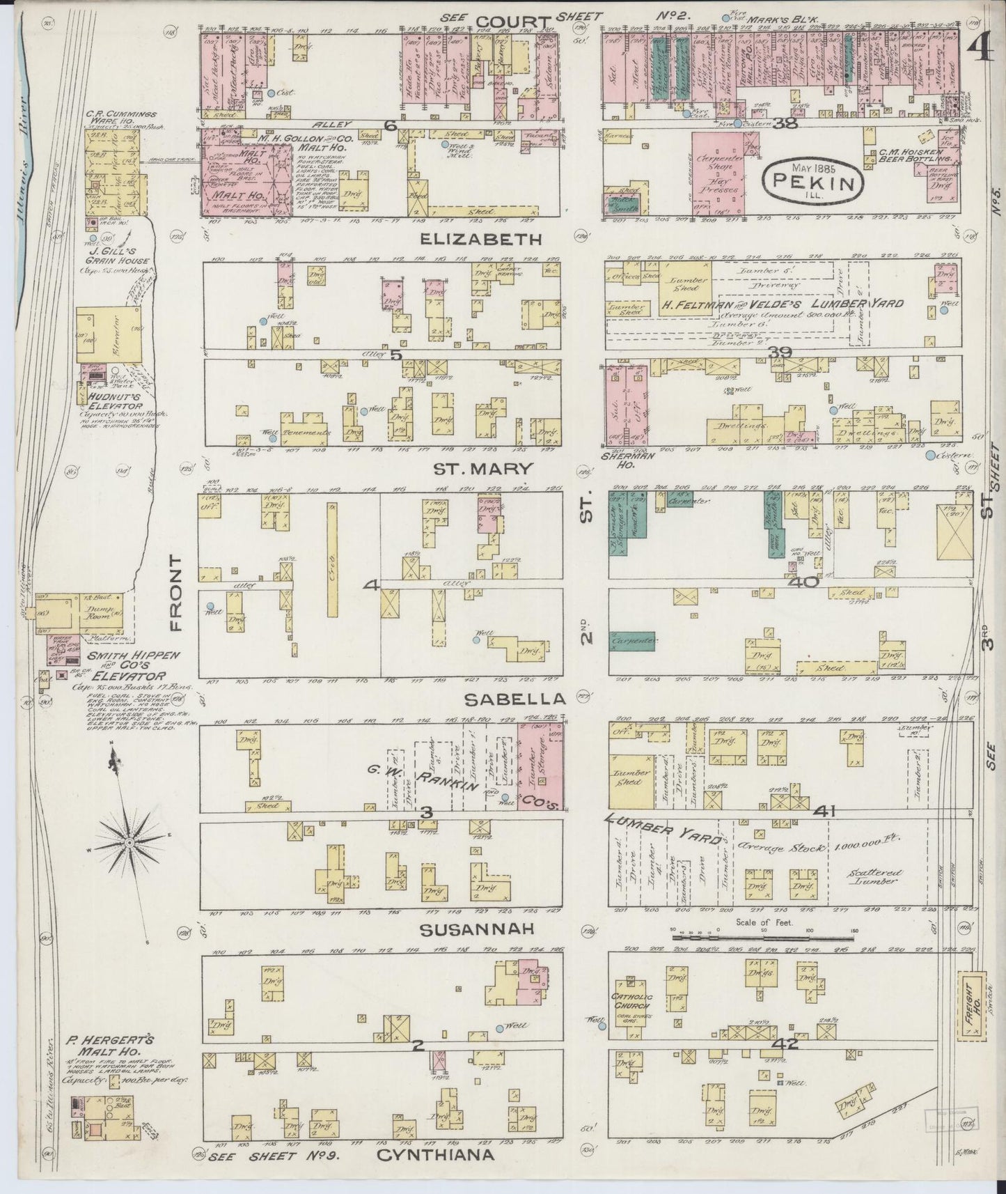 Sanborn Fire Insurance Map from Pekin, Tazewell County, Illinois (1885), Sheet #0004 - Complete Map Set gallery image, historic Sanborn map, vintage wall art, Illinois Illinois
