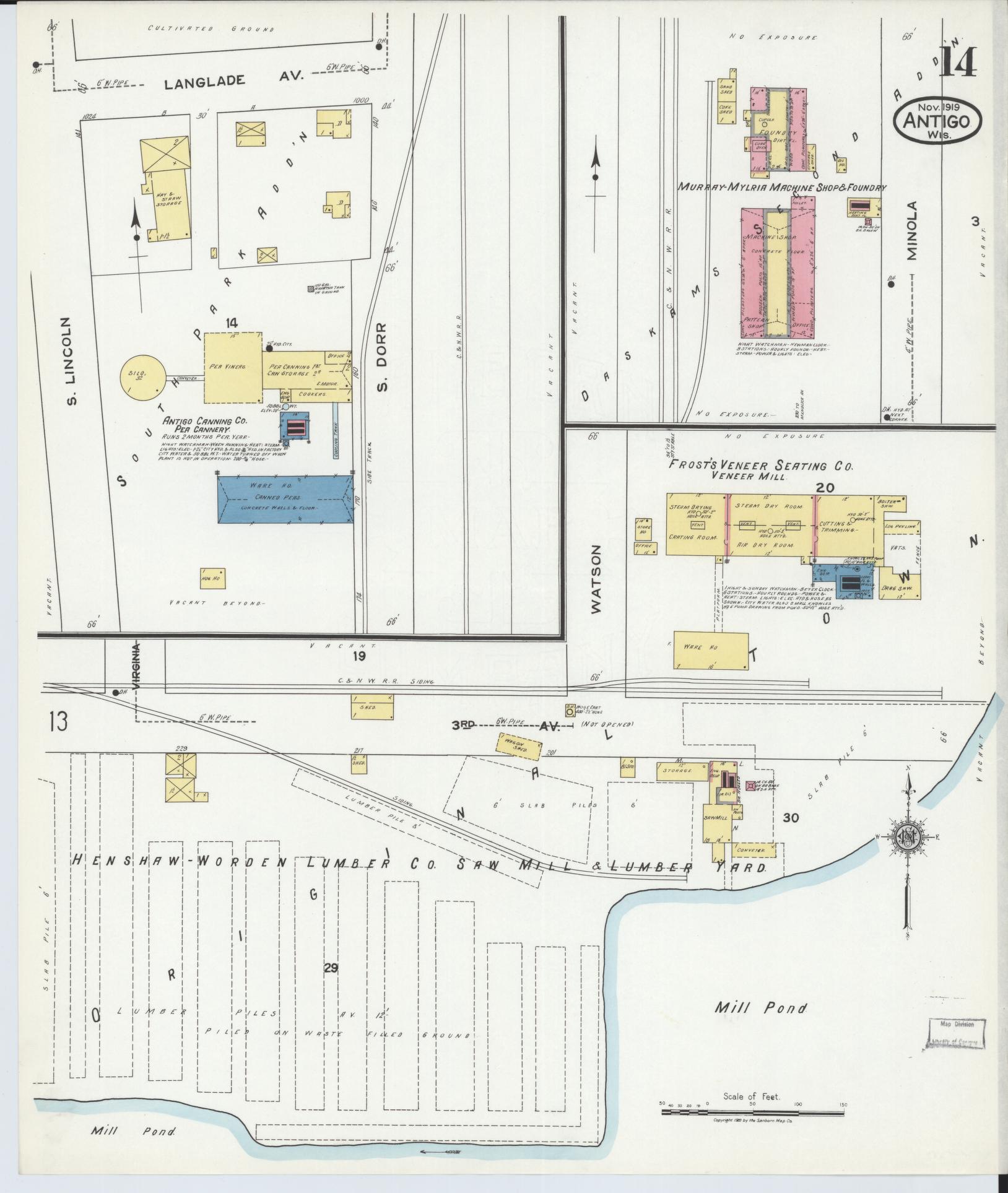 Sanborn Fire Insurance Map from Antigo, Langlade County, Wisconsin (1919), Sheet #0014 - Historic Sanborn Fire Insurance Map Print, vintage old map wall art, antique decor, genealogy gift, Wisconsin Wisconsin map