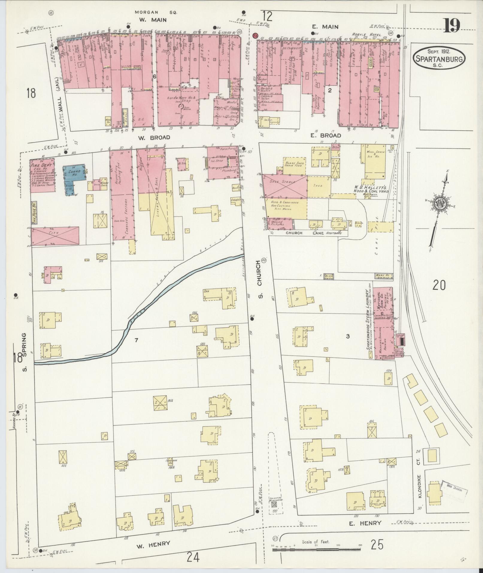 Sanborn Fire Insurance Map from Spartanburg, Spartanburg County, South Carolina (1912), Sheet #0019 - Complete Map Set gallery image, historic Sanborn map, vintage wall art, South Carolina South Carolina