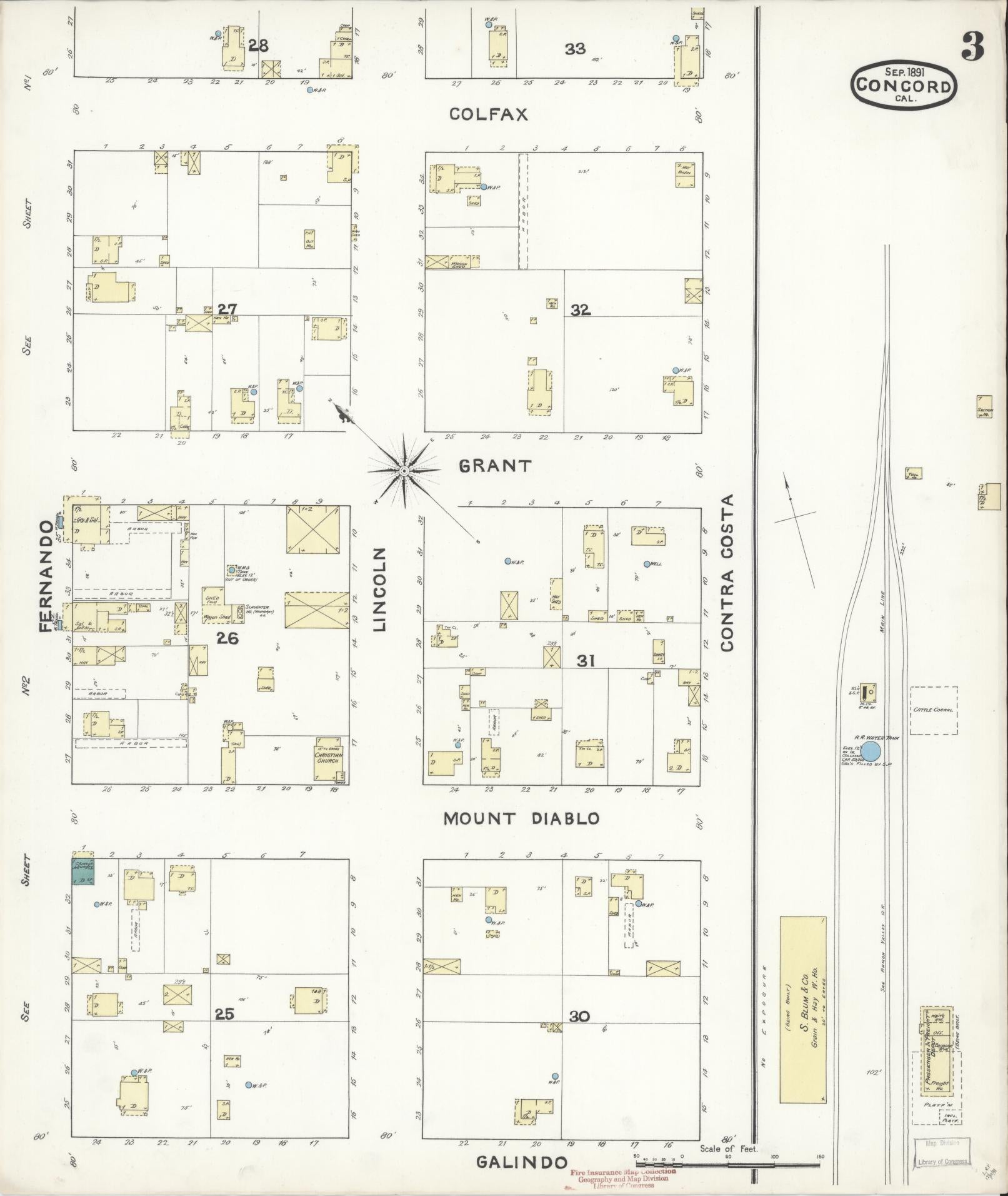 Sanborn Fire Insurance Map from Concord, Contra Costa County, California (1891), Sheet #0003 - Complete Map Set gallery image, historic Sanborn map, vintage wall art, California California