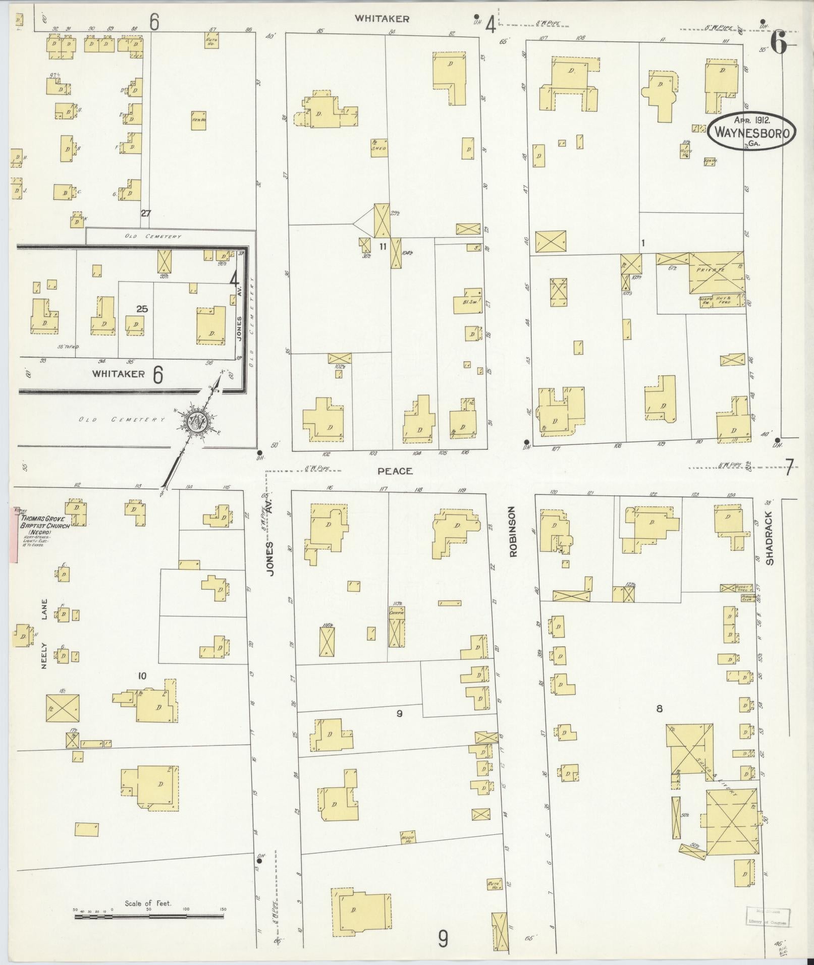 Sanborn Fire Insurance Map from Waynesboro, Burke County, Georgia (1912), Sheet #0006 - Complete Map Set gallery image, historic Sanborn map, vintage wall art, Georgia Georgia