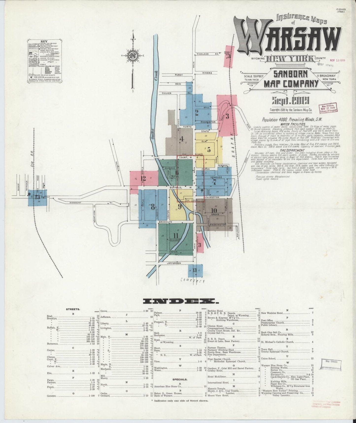 Sanborn Fire Insurance Map from Warsaw, Wyoming County, New York (1909), Sheet #0001 - Historic Sanborn Fire Insurance Map Print, vintage old map wall art, antique decor, genealogy gift, Warsaw Wyoming map