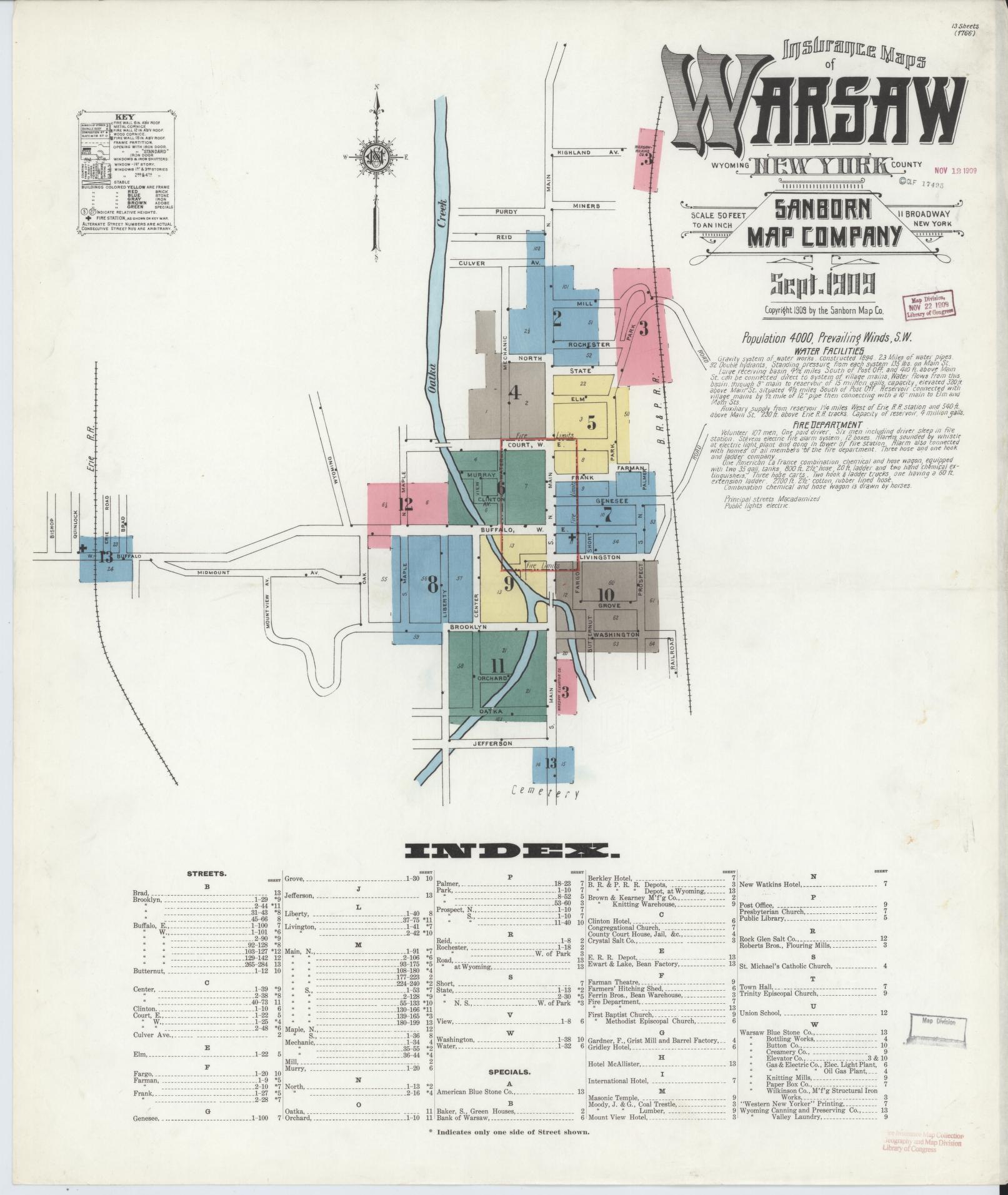 Sanborn Fire Insurance Map from Warsaw, Wyoming County, New York (1909), Sheet #0001 - Historic Sanborn Fire Insurance Map Print, vintage old map wall art, antique decor, genealogy gift, Warsaw Wyoming map