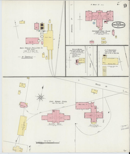 Sanborn Fire Insurance Map from Greensboro, Guilford County, North Carolina (1896), Sheet #0009 - Historic Sanborn Fire Insurance Map Print, vintage old map wall art, antique decor, genealogy gift, North Carolina North Carolina map