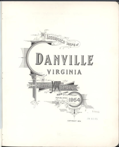 Sanborn Fire Insurance Map from Danville, Independent Cities, Virginia (1954), Sheet #0001 - Historic Sanborn Fire Insurance Map Print, vintage old map wall art, antique decor, genealogy gift, Virginia Virginia map