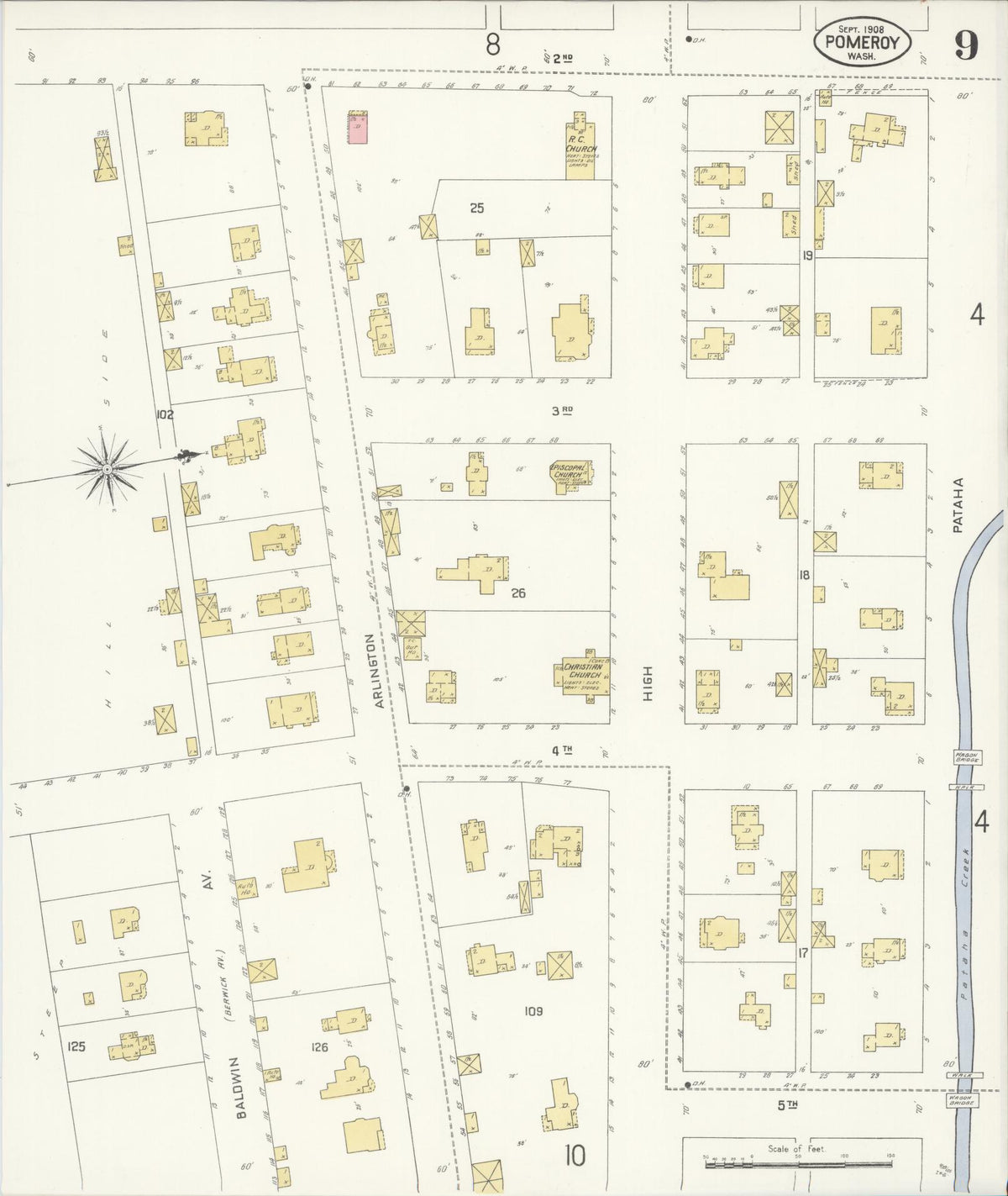 Sanborn Fire Insurance Map from Pomeroy, Garfield County, Washington (1908), Sheet #0009 - Historic Sanborn Fire Insurance Map Print, vintage old map wall art, antique decor, genealogy gift, Washington Washington map