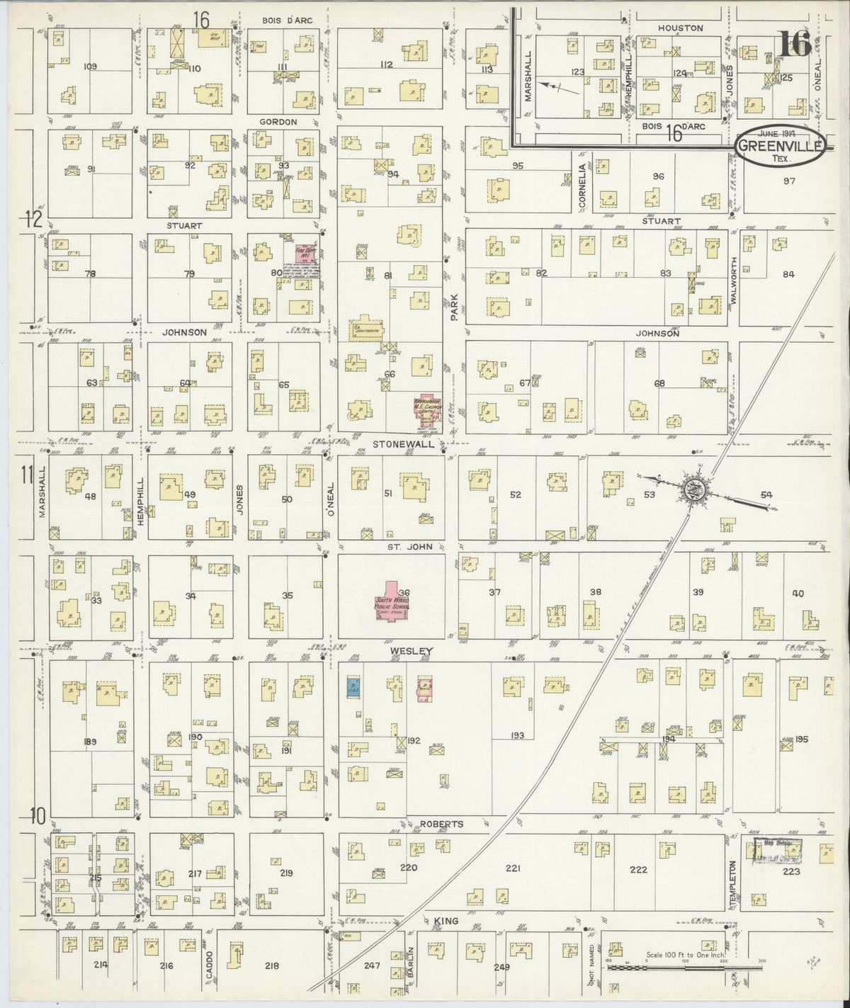 Sanborn Fire Insurance Map from Greenville, Hunt County, Texas (1914), Sheet #0016 - Complete Map Set gallery image, historic Sanborn map, vintage wall art, Texas Texas