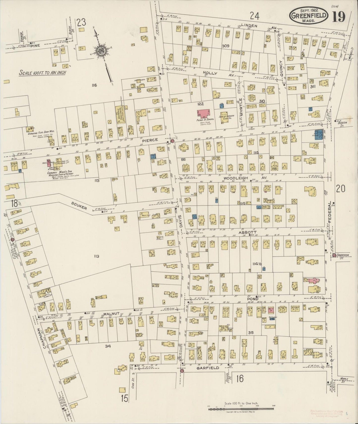 Sanborn Fire Insurance Map from Greenfield, Franklin County, Massachusetts (1922), Sheet #0019 - Historic Sanborn Fire Insurance Map Print, vintage old map wall art, antique decor, genealogy gift, Massachusetts Massachusetts map