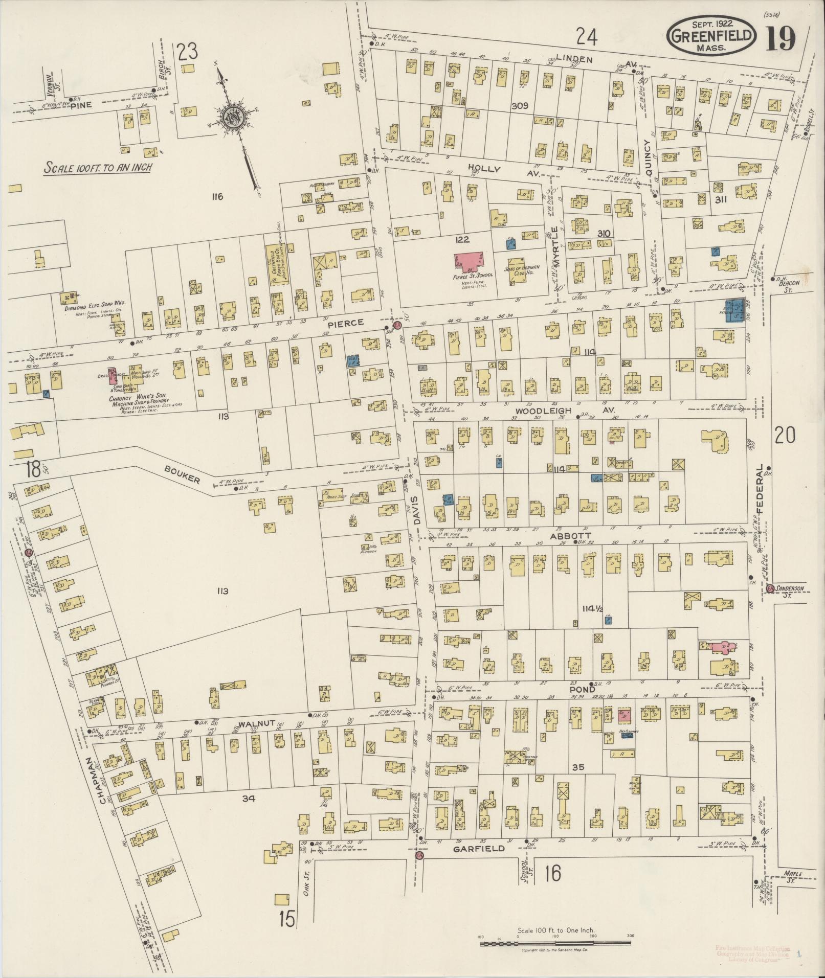 Sanborn Fire Insurance Map from Greenfield, Franklin County, Massachusetts (1922), Sheet #0019 - Historic Sanborn Fire Insurance Map Print, vintage old map wall art, antique decor, genealogy gift, Massachusetts Massachusetts map