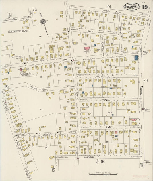 Sanborn Fire Insurance Map from Greenfield, Franklin County, Massachusetts (1922), Sheet #0019 - Historic Sanborn Fire Insurance Map Print, vintage old map wall art, antique decor, genealogy gift, Massachusetts Massachusetts map