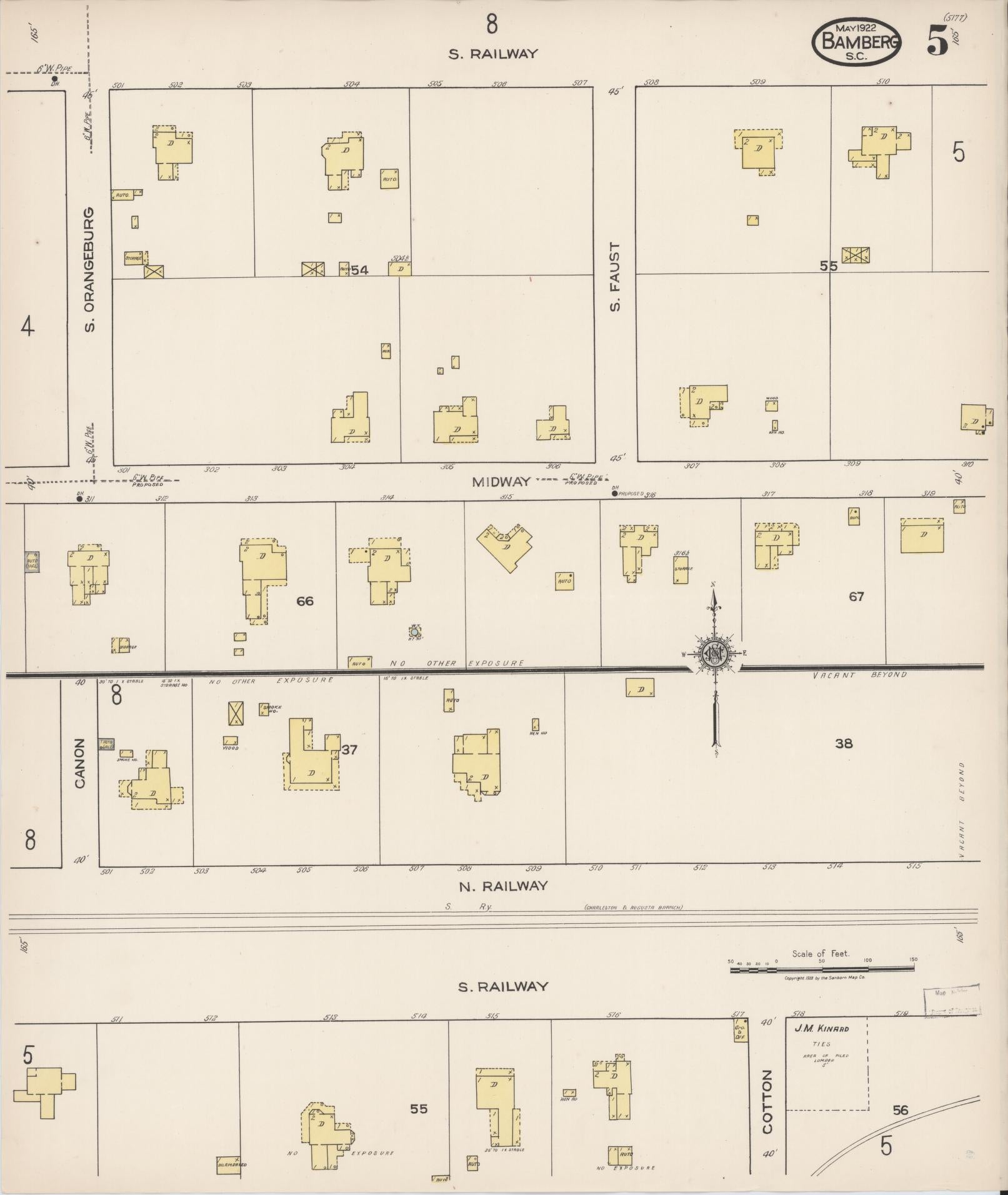 Sanborn Fire Insurance Map from Bamberg, Bamberg County, South Carolina (1922), Sheet #0005 - Complete Map Set gallery image, historic Sanborn map, vintage wall art, South Carolina South Carolina
