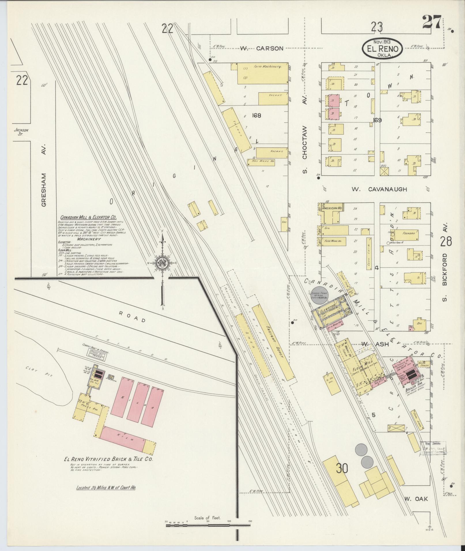 Sanborn Fire Insurance Map from El Reno, Canadian County, Oklahoma (1913), Sheet #0027 - Historic Sanborn Fire Insurance Map Print, vintage old map wall art, antique decor, genealogy gift, Oklahoma Oklahoma map