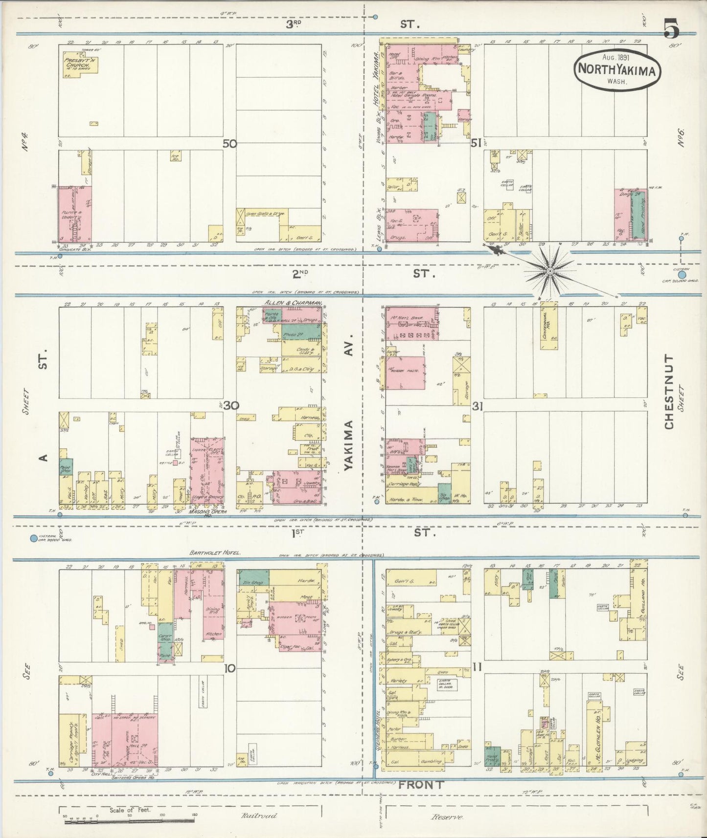 Sanborn Fire Insurance Map from North Yakima, Yakima County, Washington (1891), Sheet #0005 - Complete Map Set gallery image, historic Sanborn map, vintage wall art, Washington Washington