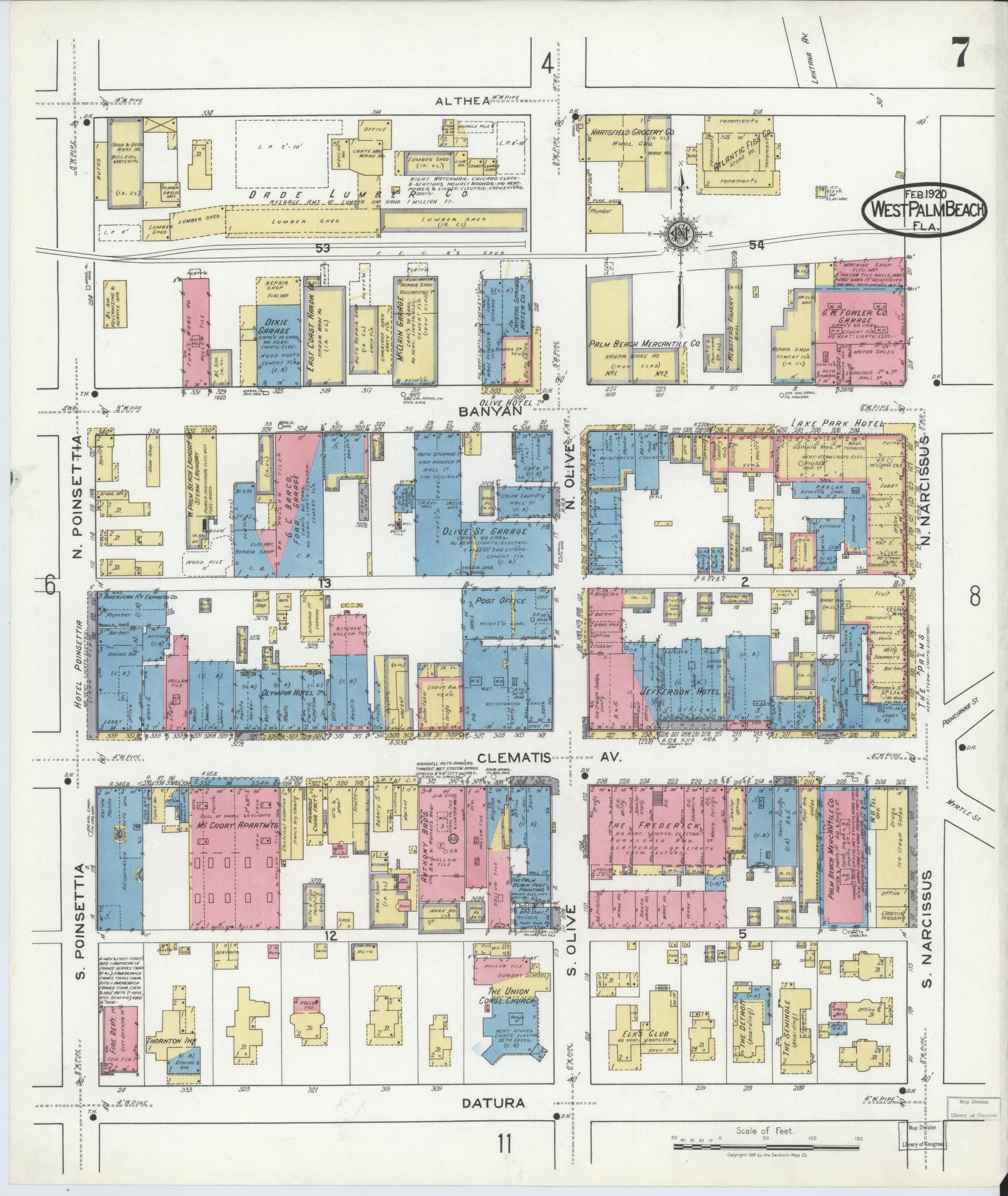 Sanborn Fire Insurance Map from West Palm Beach, Dade County, Florida (1920), Sheet #0007 - Complete Map Set gallery image, historic Sanborn map, vintage wall art, Florida Florida
