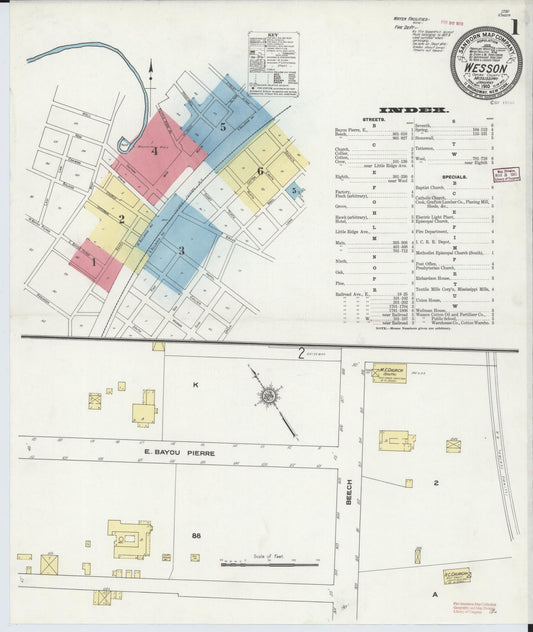 Sanborn Fire Insurance Map from Wesson, Copiah County, Mississippi (1910), Sheet #0001 - Complete Map Set gallery image, historic Sanborn map, vintage wall art, Mississippi Mississippi