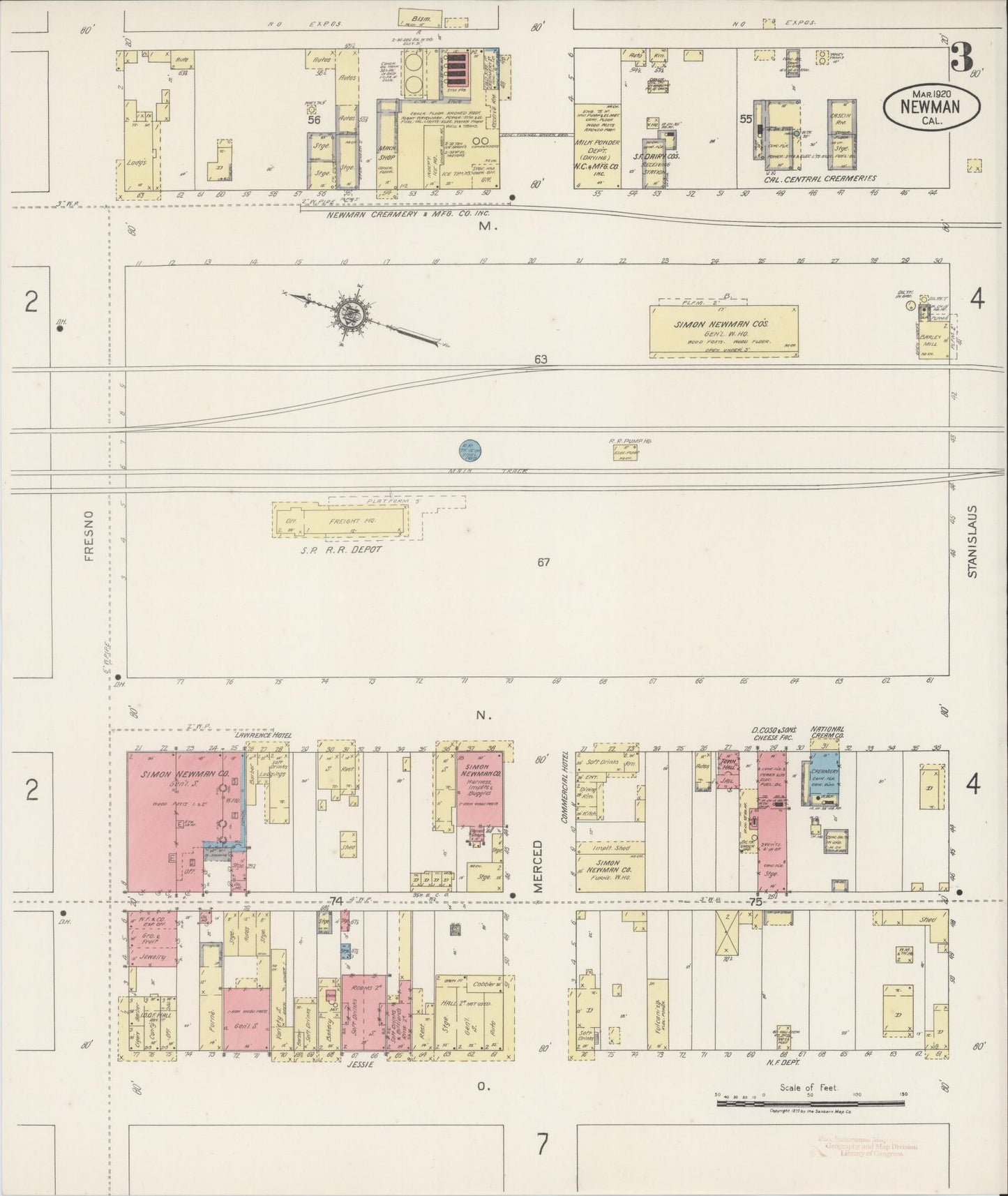 Sanborn Fire Insurance Map from Newman, Stanislaus County, California (1920), Sheet #0003 - Historic Sanborn Fire Insurance Map Print, vintage old map wall art, antique decor, genealogy gift, California California map
