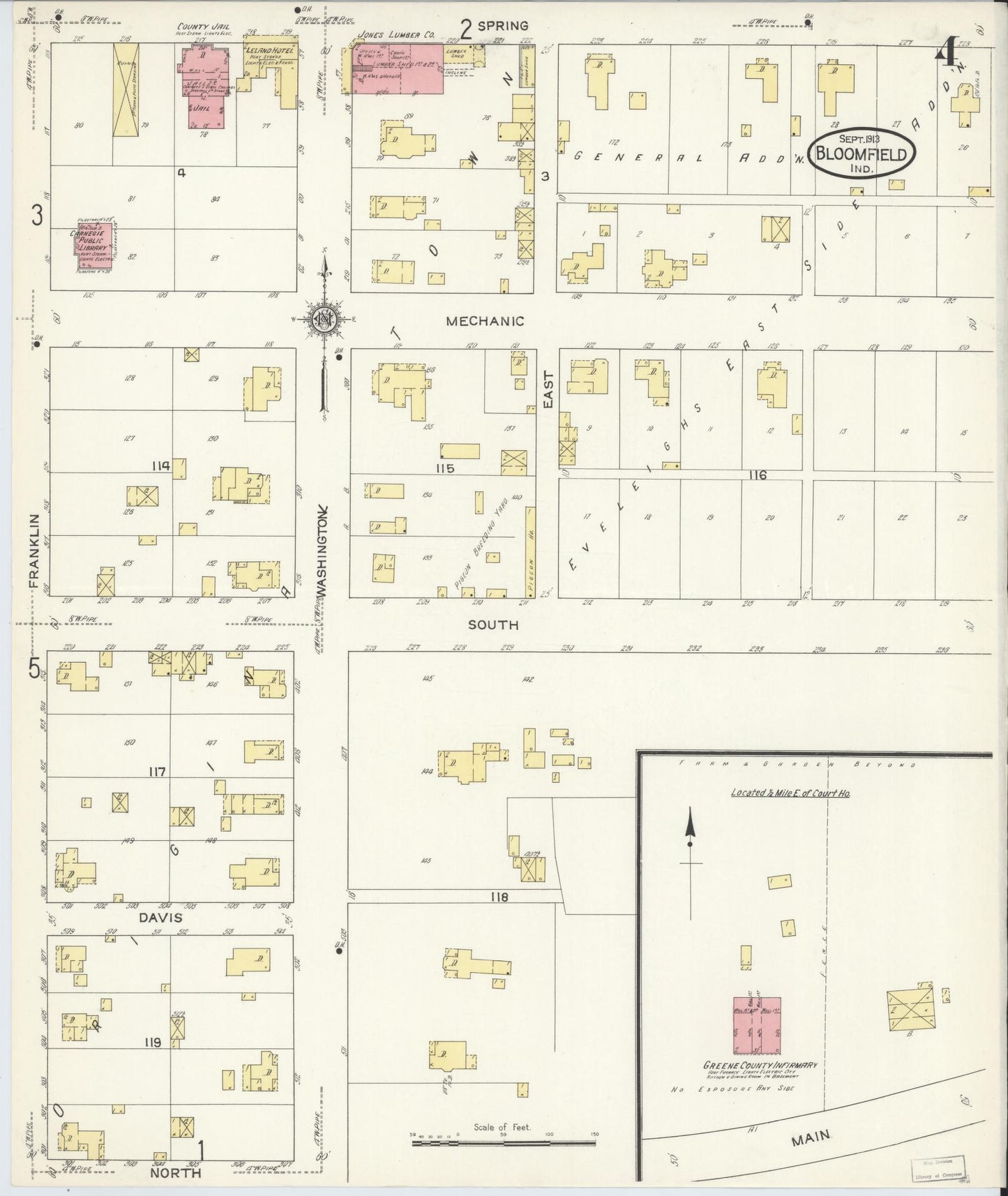 Sanborn Fire Insurance Map from Bloomfield, Greene County, Indiana (1913), Sheet #0004 - Complete Map Set gallery image, historic Sanborn map, vintage wall art, Indiana Indiana