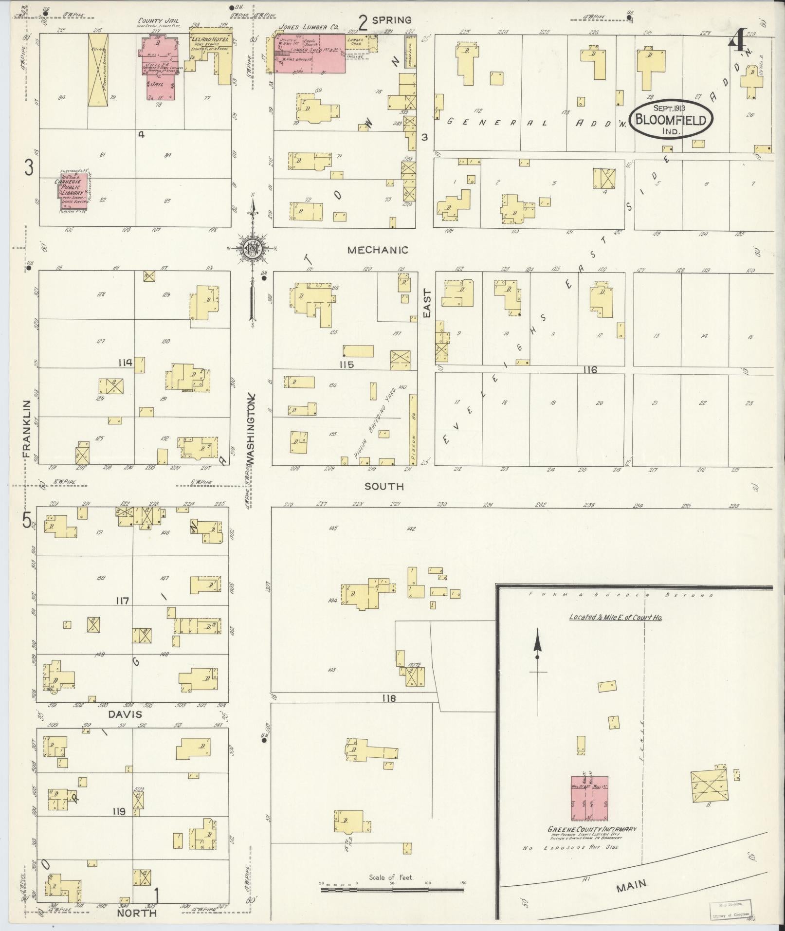 Sanborn Fire Insurance Map from Bloomfield, Greene County, Indiana (1913), Sheet #0004 - Complete Map Set gallery image, historic Sanborn map, vintage wall art, Indiana Indiana
