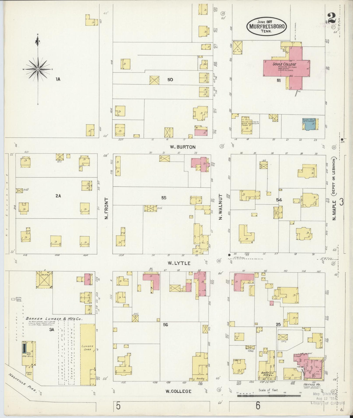 Sanborn Fire Insurance Map from Murfreesboro, Rutherford County, Tennessee (1907), Sheet #0002 - Complete Map Set gallery image, historic Sanborn map, vintage wall art, Tennessee Tennessee